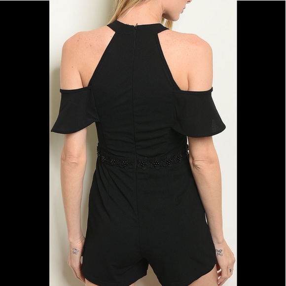 ❌DONATED❌Black Cold Shoulder High Neck Crochet Appliqué Lined Shorts Romper - Picture 4 of 15